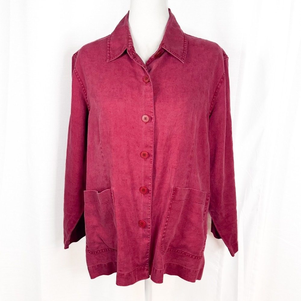 LL Bean Soft Washed Linen Shirt Jacket Womens 12 P Red Button Front Pockets EUC